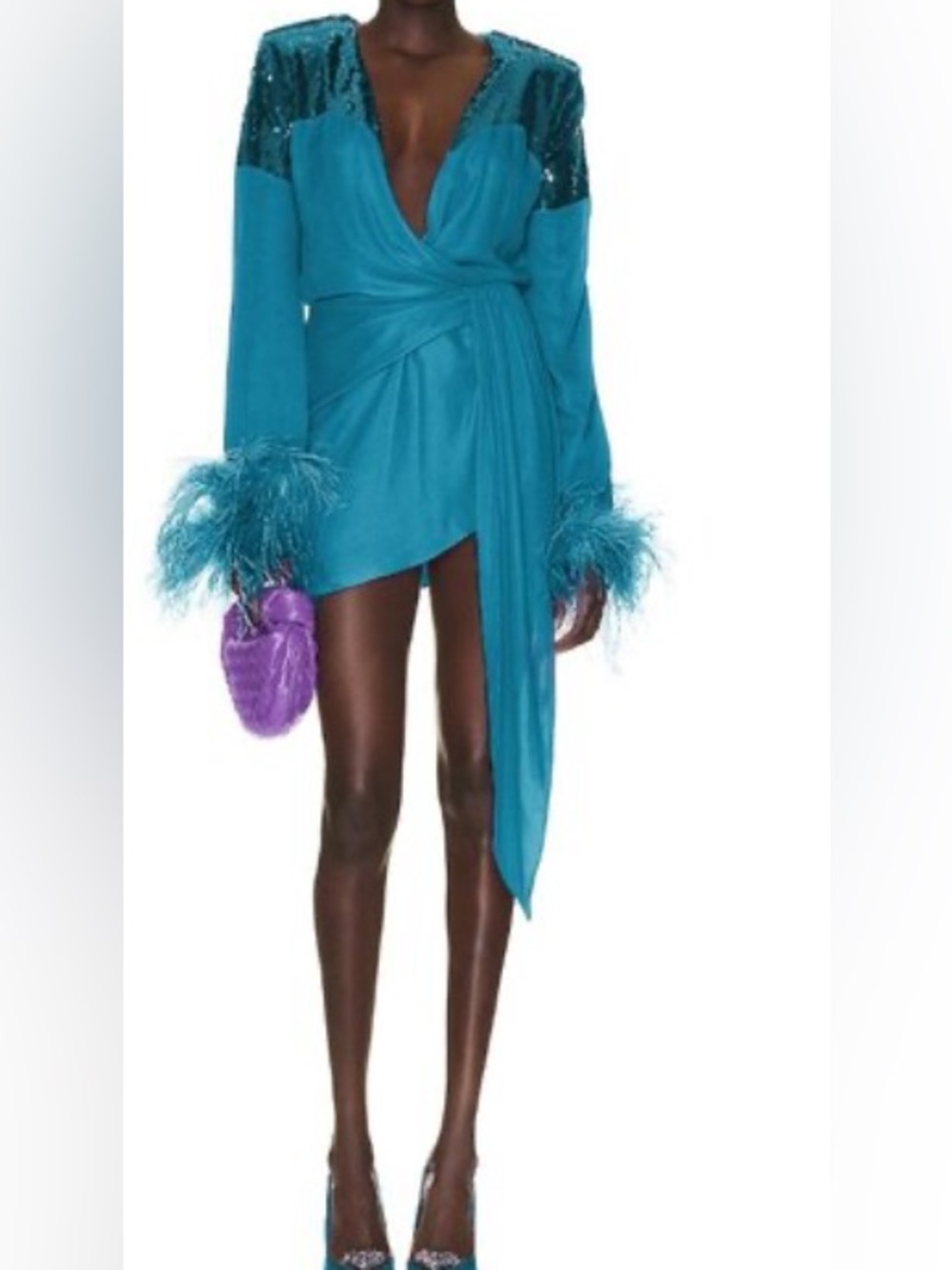 NWT Nervi Pami Teal Sequin Mini Dress Feather Trim Cuffs Size IT 36/US 4